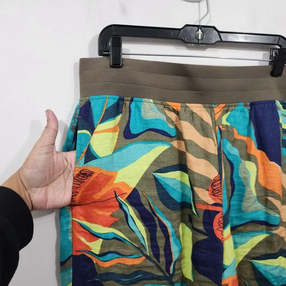 Soft Surroundings Aliso Point Tropical Linen Pants Hawaiian Green Wide Leg Sz L